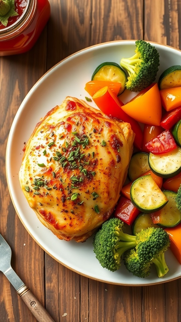 Air Fryer Chicken Breast with Roasted Vegetables Air fryer chicken breast with roasted vegetables on a plate, garnished with herbs.